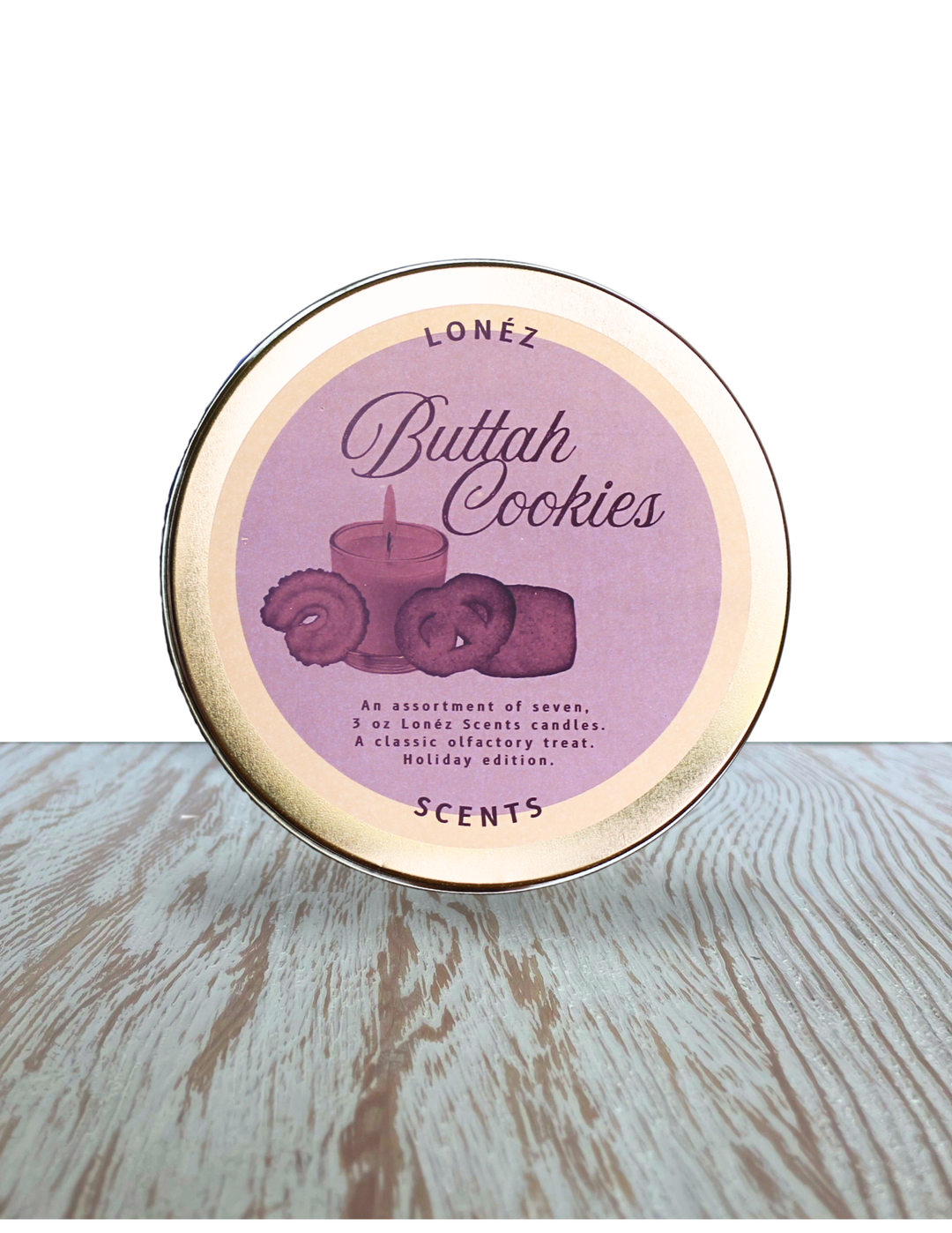 Tin of Lonez Buttah Cookies scents on a wooden surface