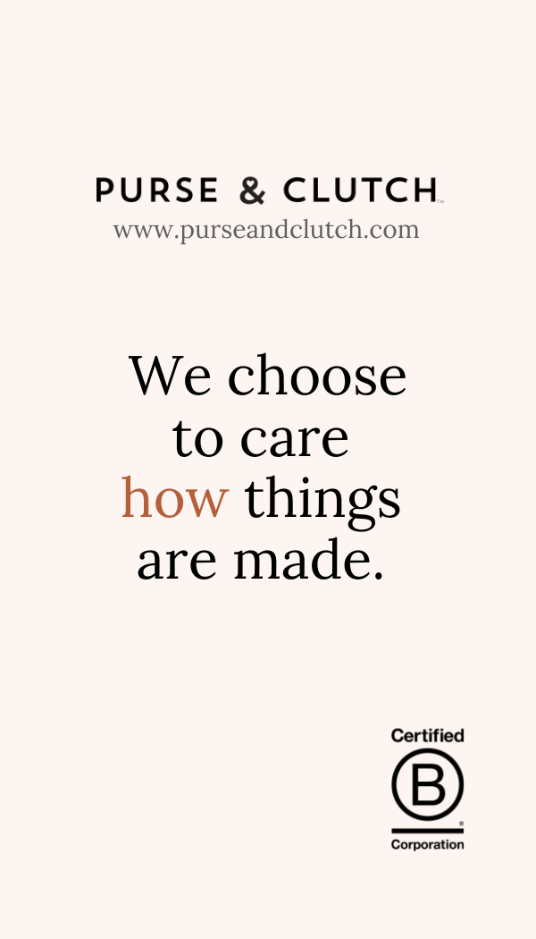 Promotional graphic for 'Purse & Clutch' with a tagline and certification logo on a white background.