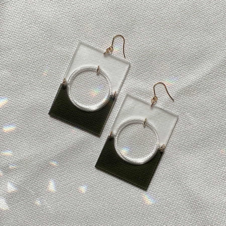 Framed Earrings Laser Cut Rectangle shape with circle in middle, clear top and circle, black bottom