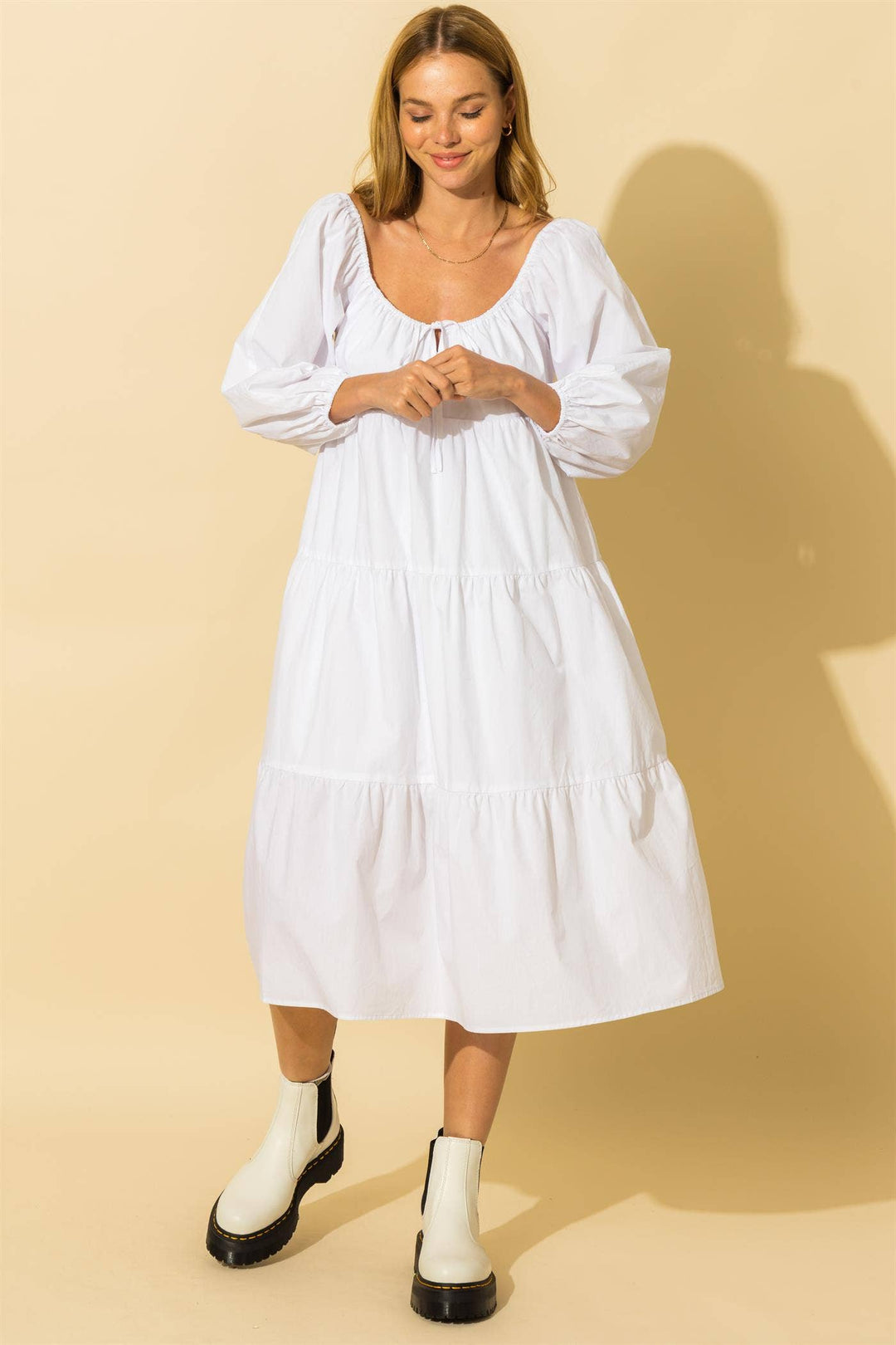 all yours white puff sleeve midi dress