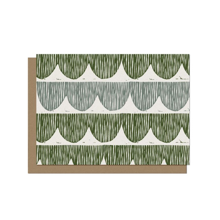 4 rows of scalloped design, top row green sexong row light blue/teal bottom rows green