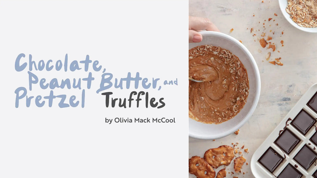 Left: Words read as "Chocolate Peanut Butter and Pretzel Truffles by Olivia Mack McCool" Right: a bowl of peanut butter, an ice tray filled with chocolate, and pretzel crumbs on a marble counter top