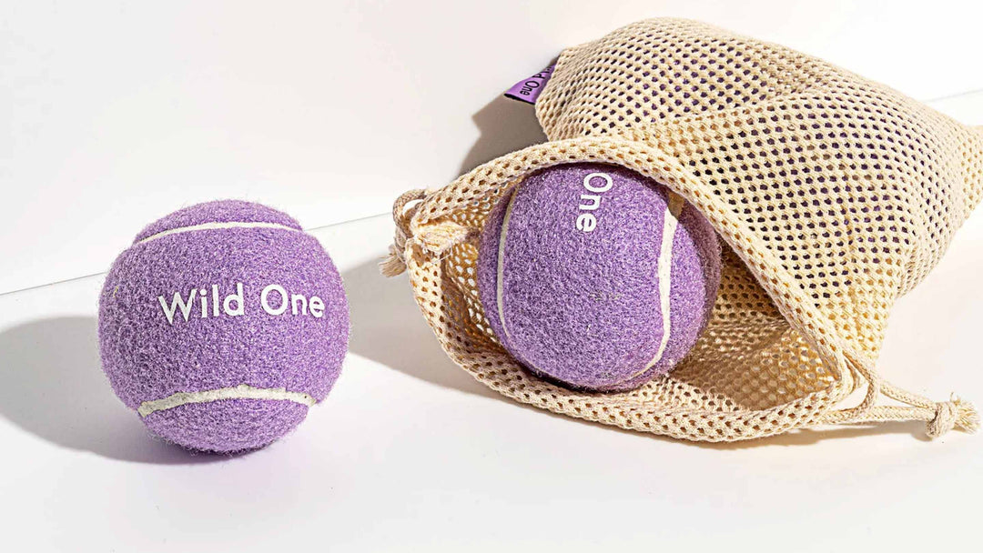 A set of purple tennis balls in a cloth bag