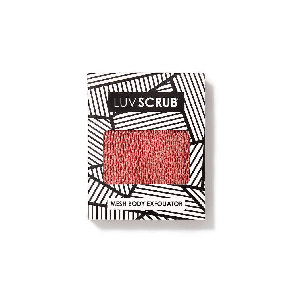 LUV SCRUB mesh body exfoliator packaging with geometric design