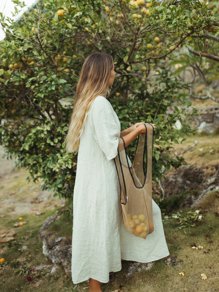 Joan | Black + Tan | Market Tote Bag | Nylon Mesh