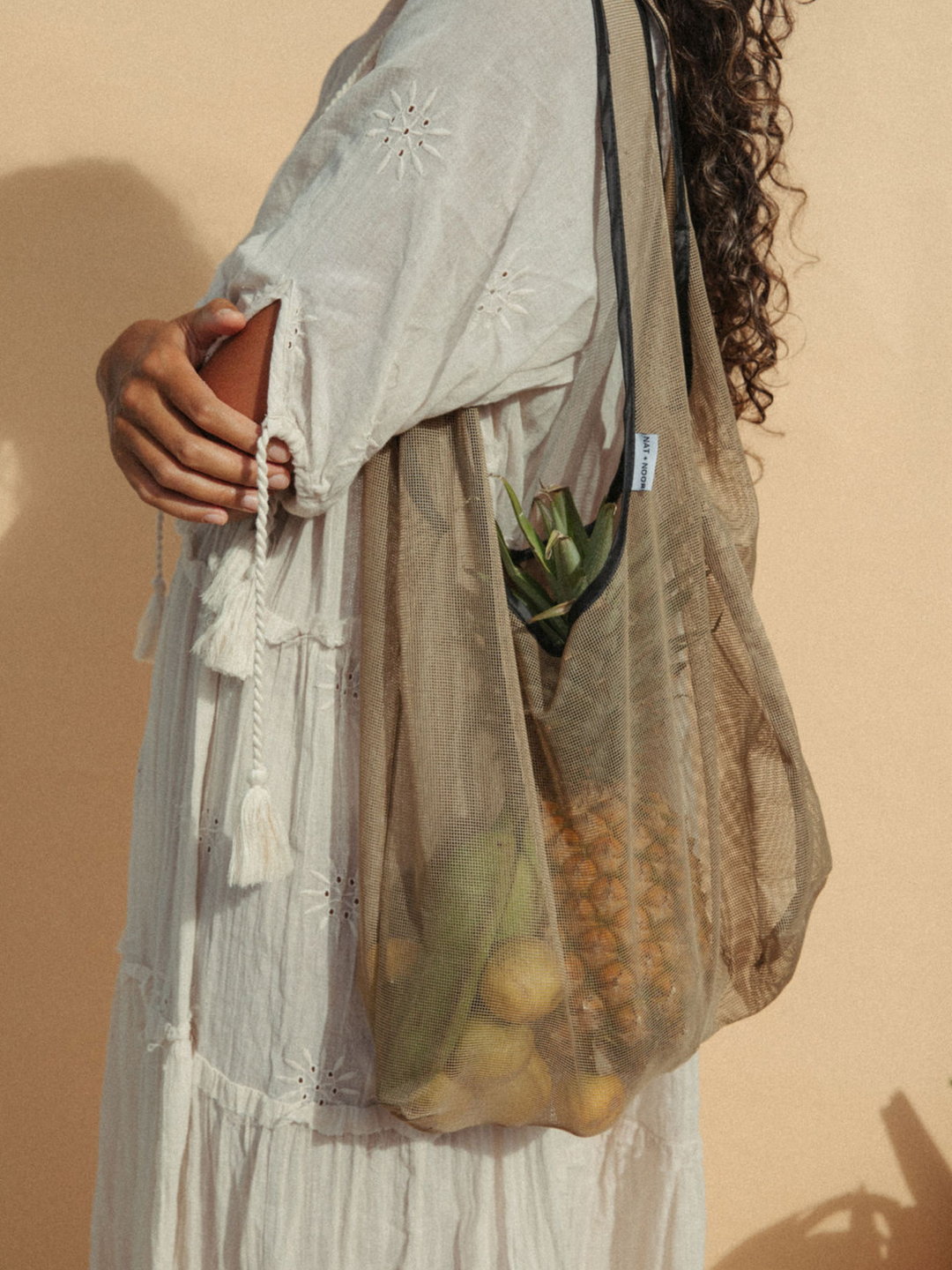 Joan | Black + Tan | Market Tote Bag | Nylon Mesh