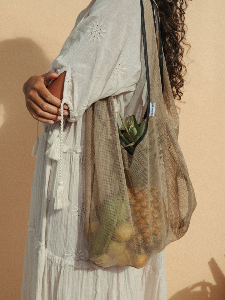 Joan | Black + Tan | Market Tote Bag | Nylon Mesh