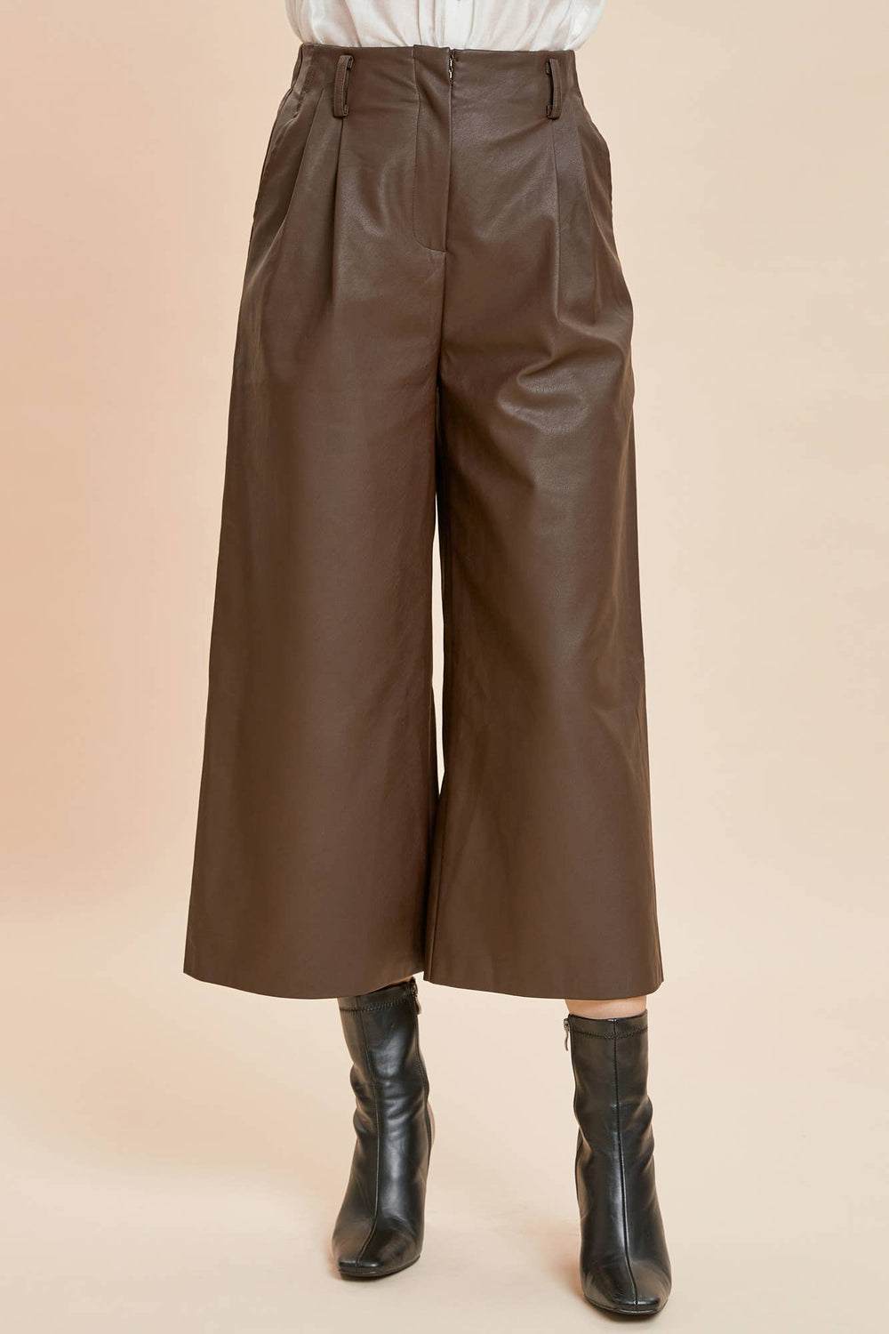 dark oak brown WIDE-LEG LEATHER PANTS