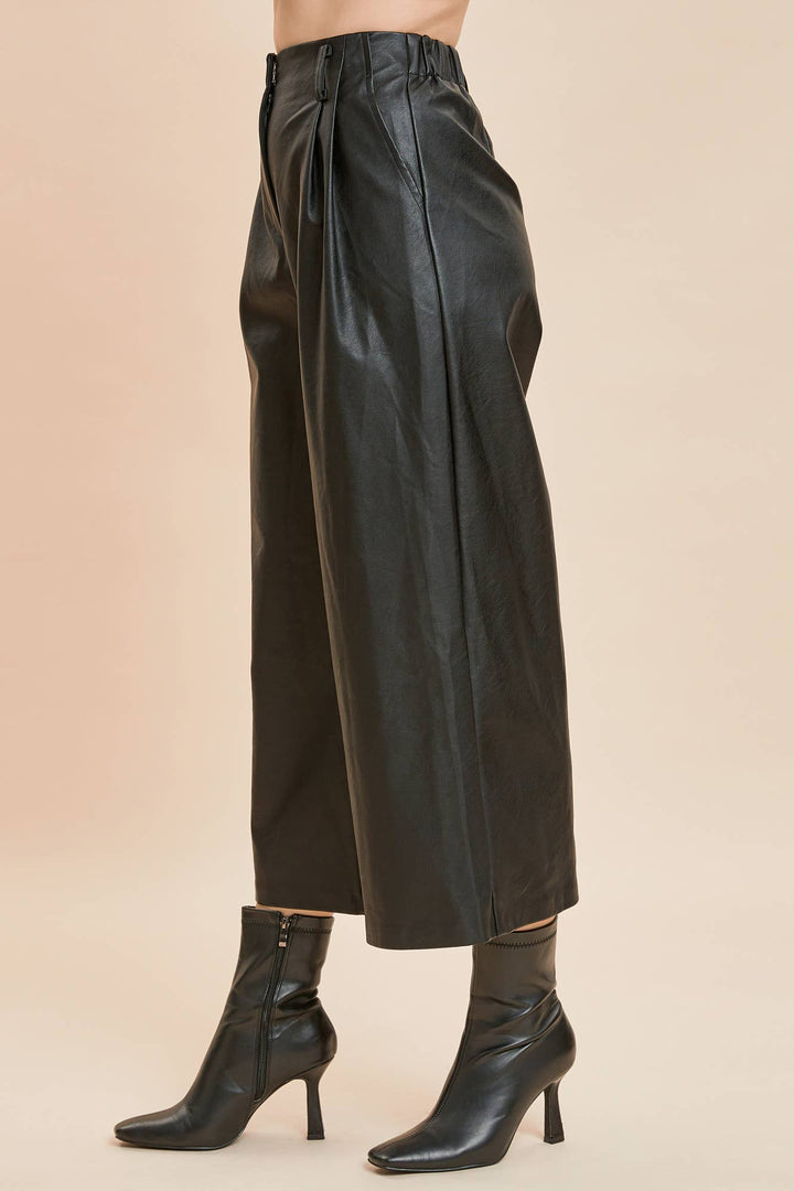 black TWO PINTUCK WIDE-LEG LEATHER PANTS
