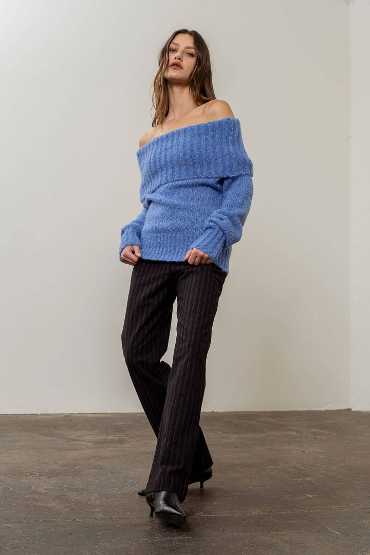Tracy OFF-THE-SHOULDER SWEATER blue austin boutique