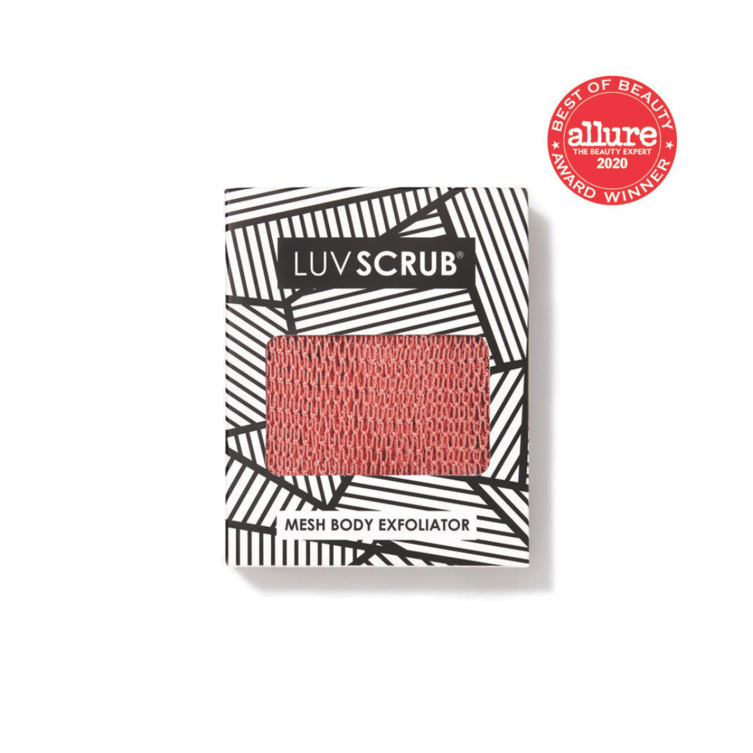 LUV SCRUB mesh body exfoliator packaging with Allure Best of Beauty 2020 award on a white background
