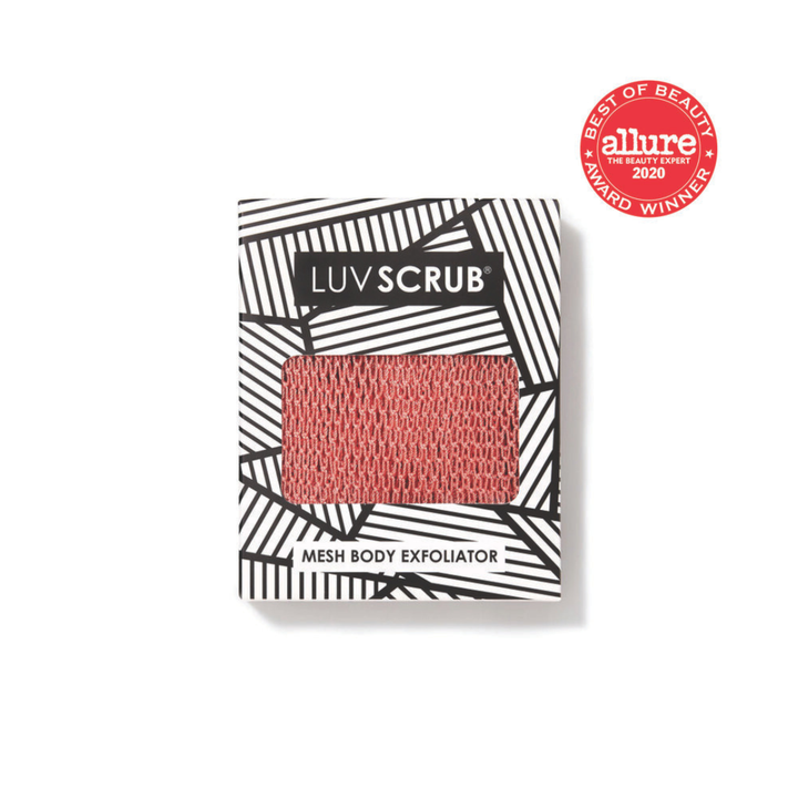 LUV SCRUB mesh body exfoliator packaging with Allure Best of Beauty 2020 award on a white background