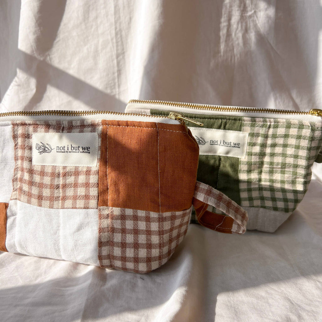Not I But We - Quilted Cosmetic Pouch | Upcycled Linen Makeup Bag: Rust/Gingham