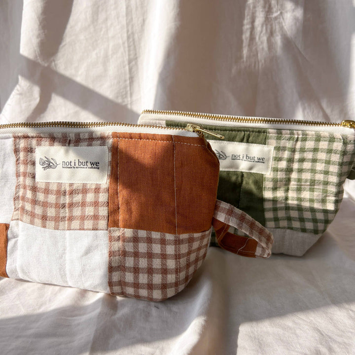 Not I But We - Quilted Cosmetic Pouch | Upcycled Linen Makeup Bag: Rust/Gingham