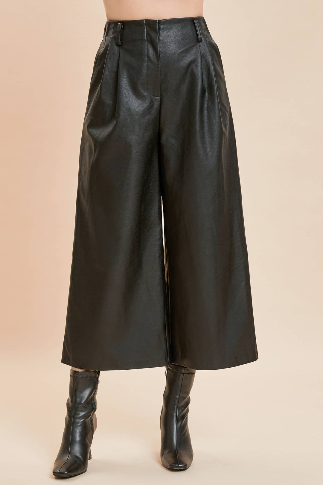 black TWO PINTUCK WIDE-LEG LEATHER PANTS