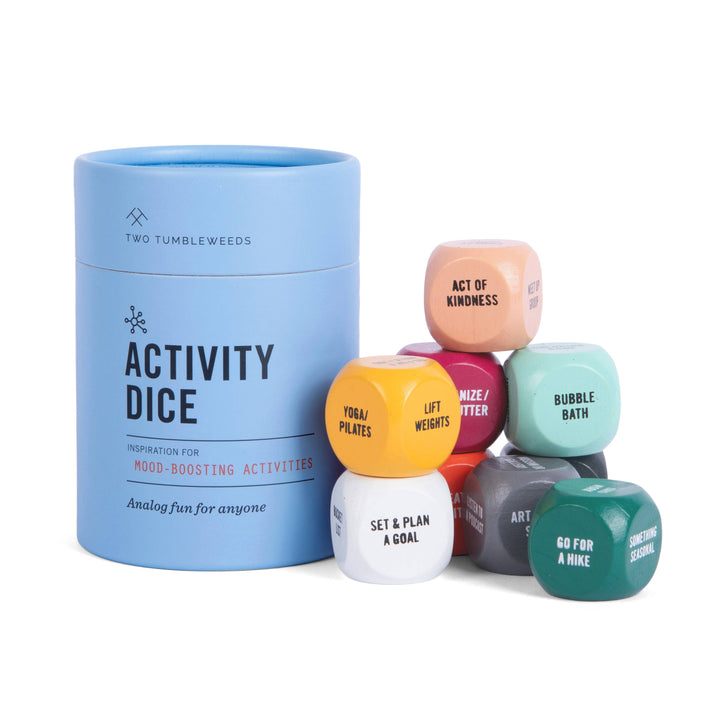 Set of activity dice with a blue container labeled 'Two Tumbleweeds Activity Dice'.