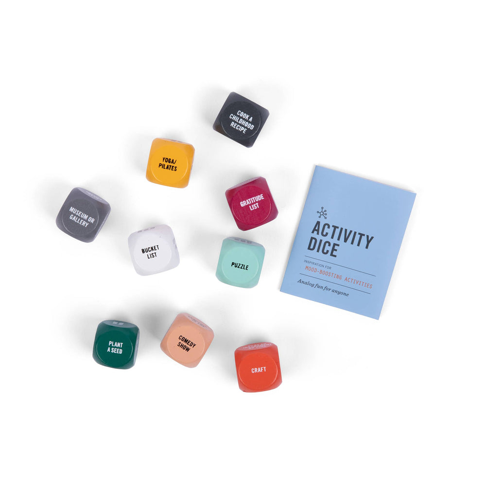 Set of colorful activity dice with a box labeled 'Activity Dice' on a white background