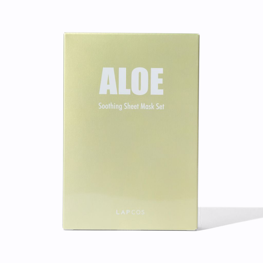 Light green box with 'ALOE' and 'Soothing Sheet Mask Set' text on a white background
