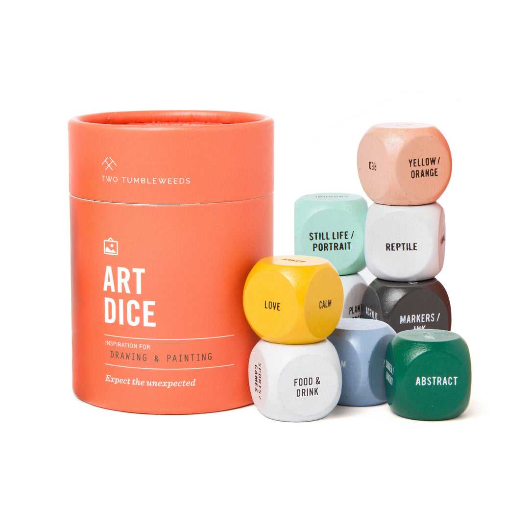 Art dice set with an orange container labeled 'Two Tumble Weeds Art Dice' on a white background.
