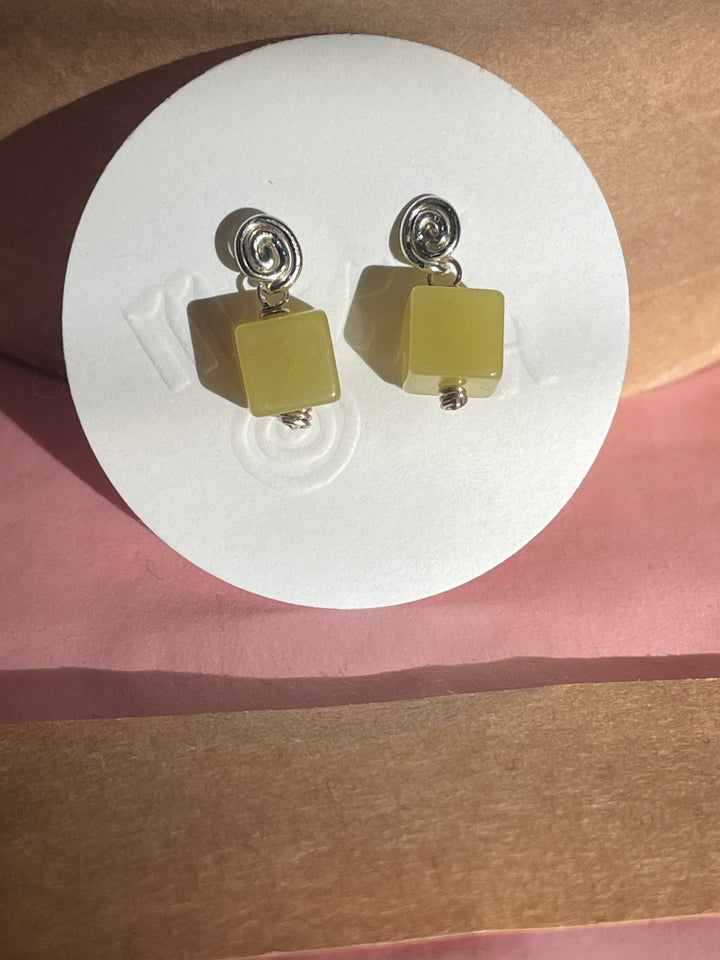 Inward Earrings- Olive Jade: Sterling Silver