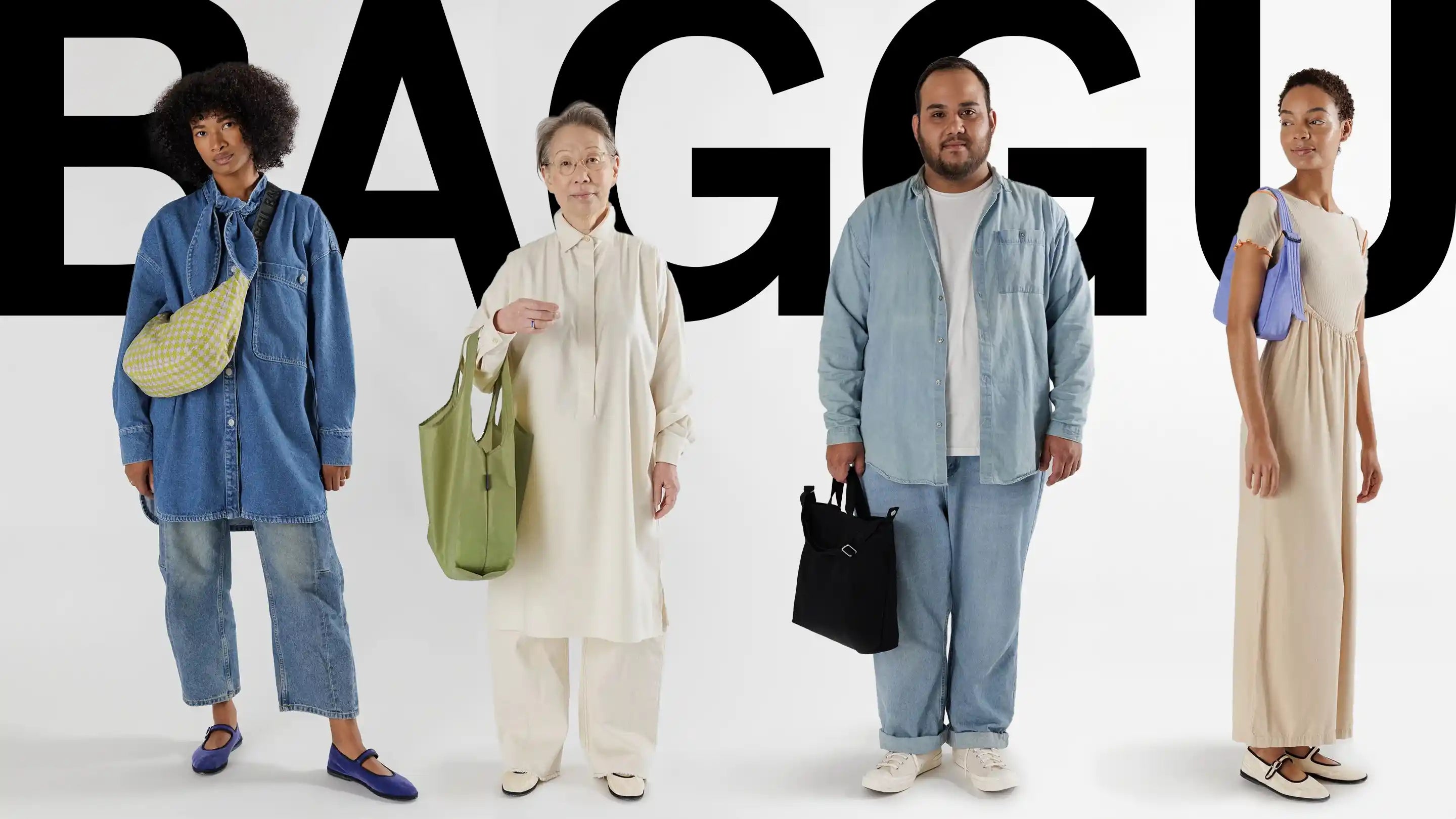 A black woman, an older asian woman, a man, and a black woman standing with bags. The word BAGGU is seen behind them
