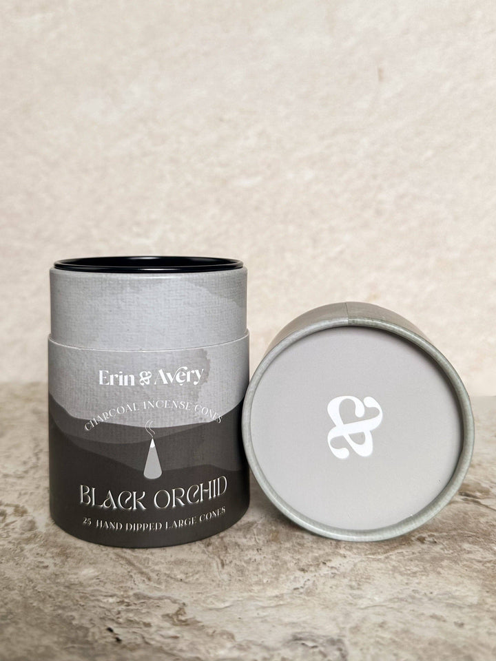 Erin &amp; Avery Black Orchid incense packaging on a textured surface