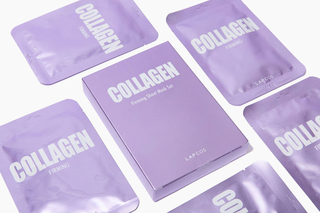 Purple collagen face mask packets with 'LAP COS' branding on a white background