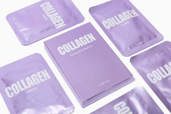 Purple collagen face mask packets with 'LAP COS' branding on a white background