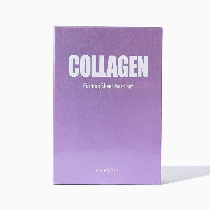 Purple packaging of a collagen sheet mask set with 'LAPCOS' branding on a white background