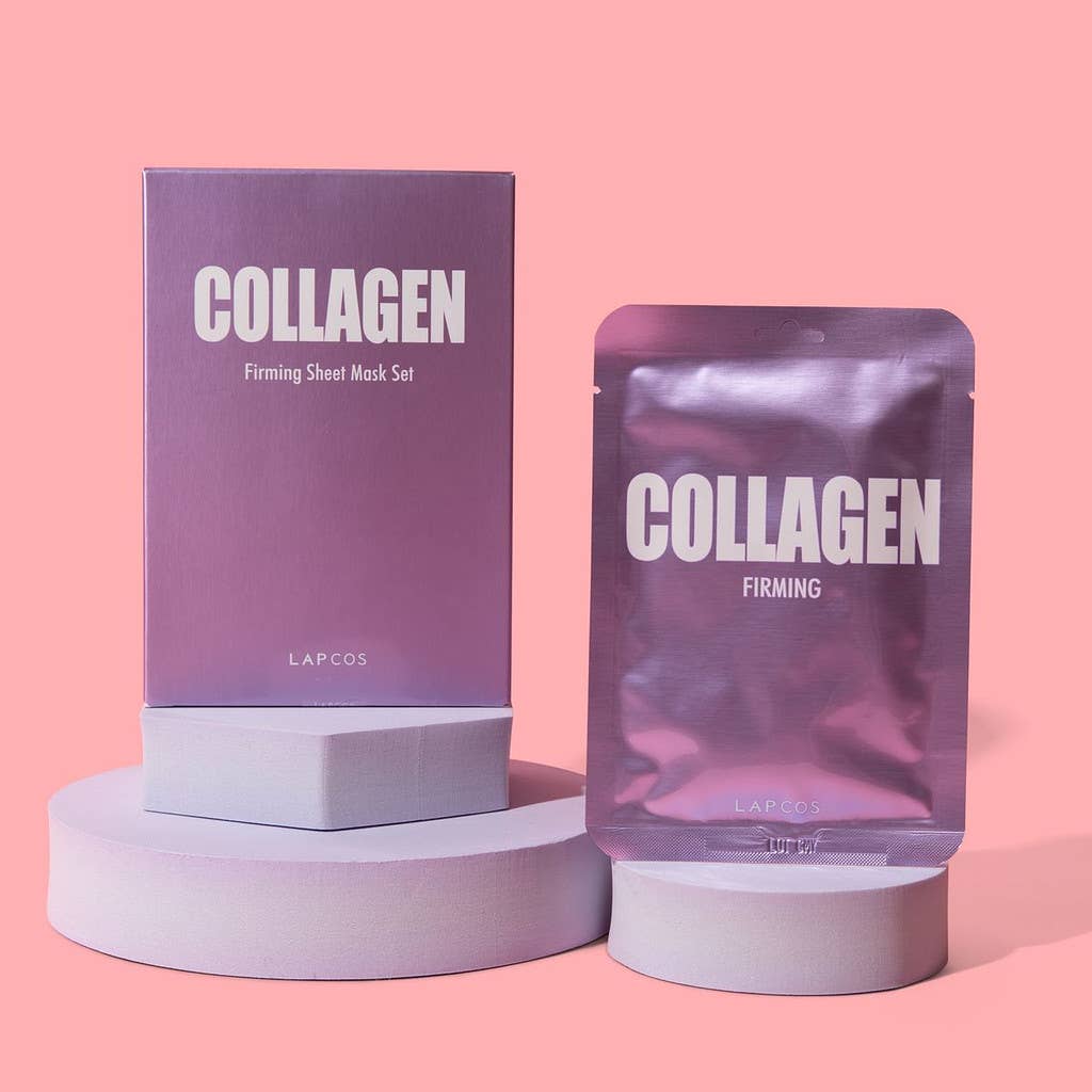 Collagen sheet mask set with packaging on a pink background
