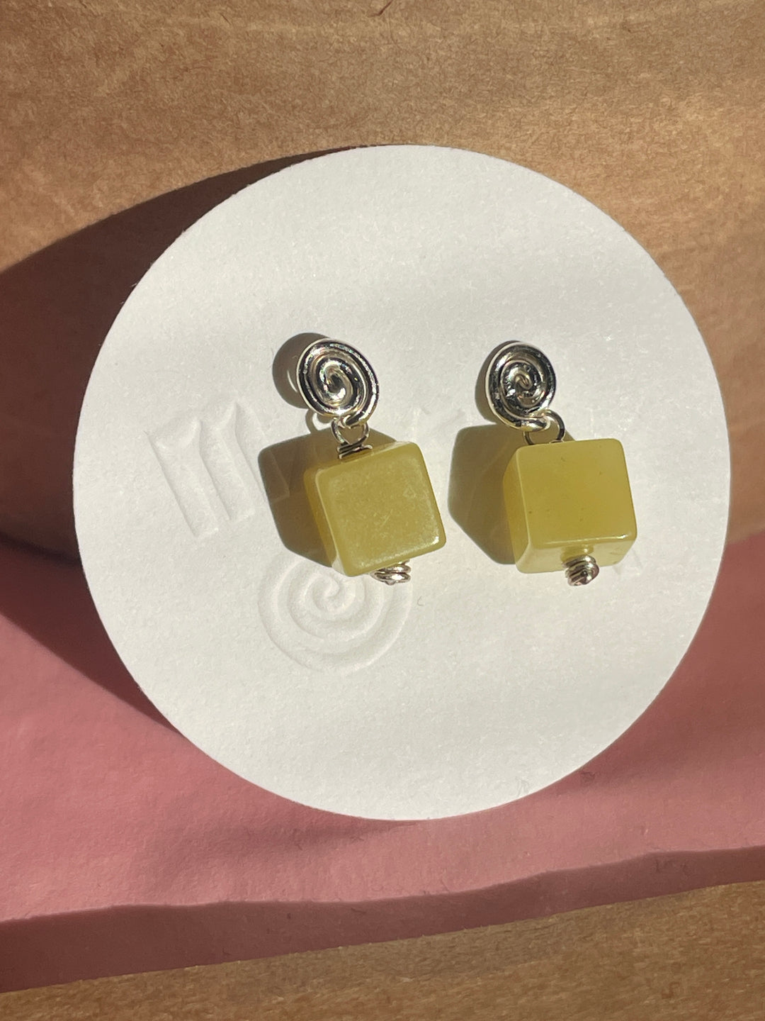 Inward Earrings- Olive Jade: Sterling Silver