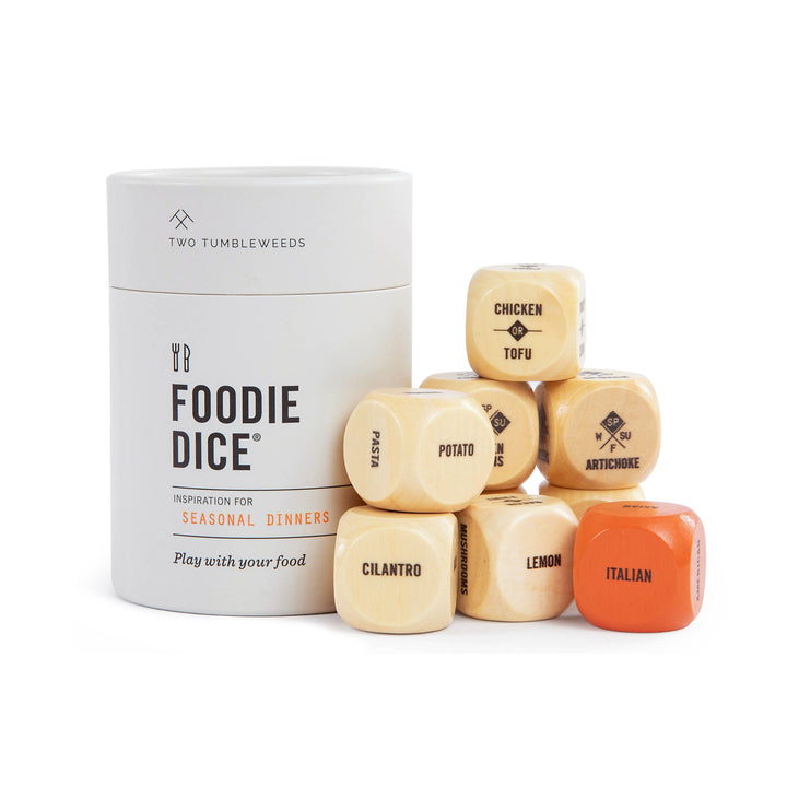 Wooden food-themed dice with a container labeled 'Foodie Dice' on a white background
