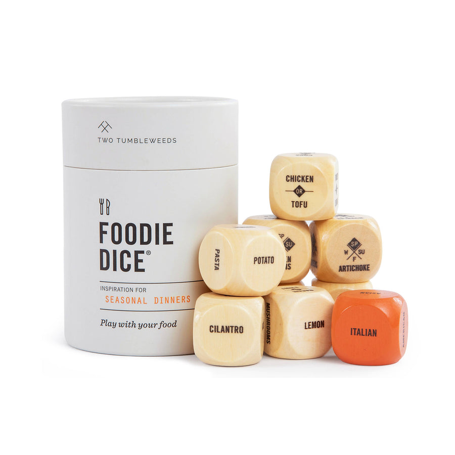 Wooden food-themed dice with a container labeled 'Foodie Dice' on a white background