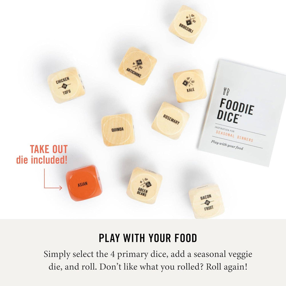 Wooden dice with food-themed labels and a box labeled 'Foodie Dice' on a white background.