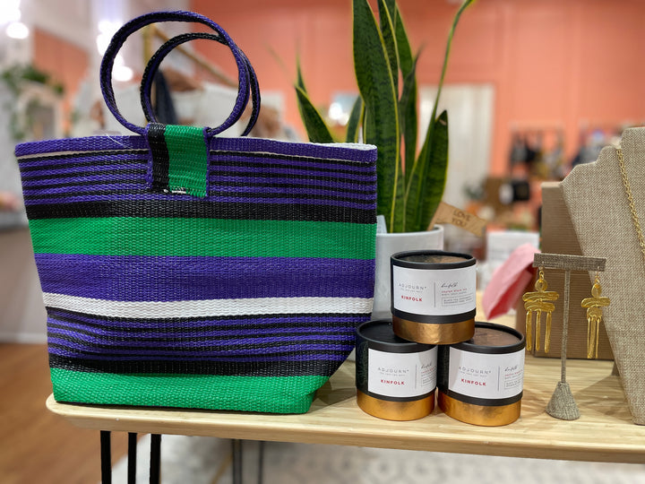 Green/Purple/Black/White Medium Striped Bag