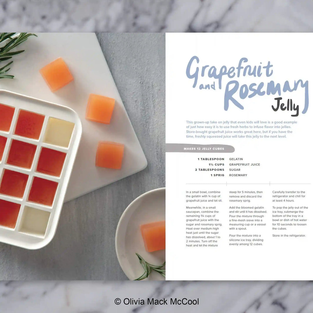 A page from a recipe book. The recipe is for Grapefruit and Rosemary Jelly. On the left, there are jelly cubes in red and orange.