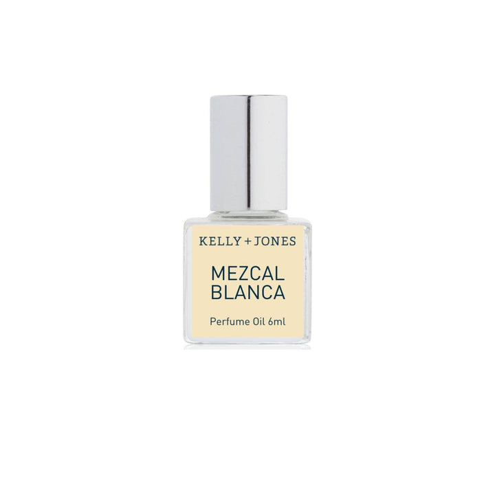 Perfume oil bottle labeled 'Mezcal Blanca' by Kelly + Jones on a white background