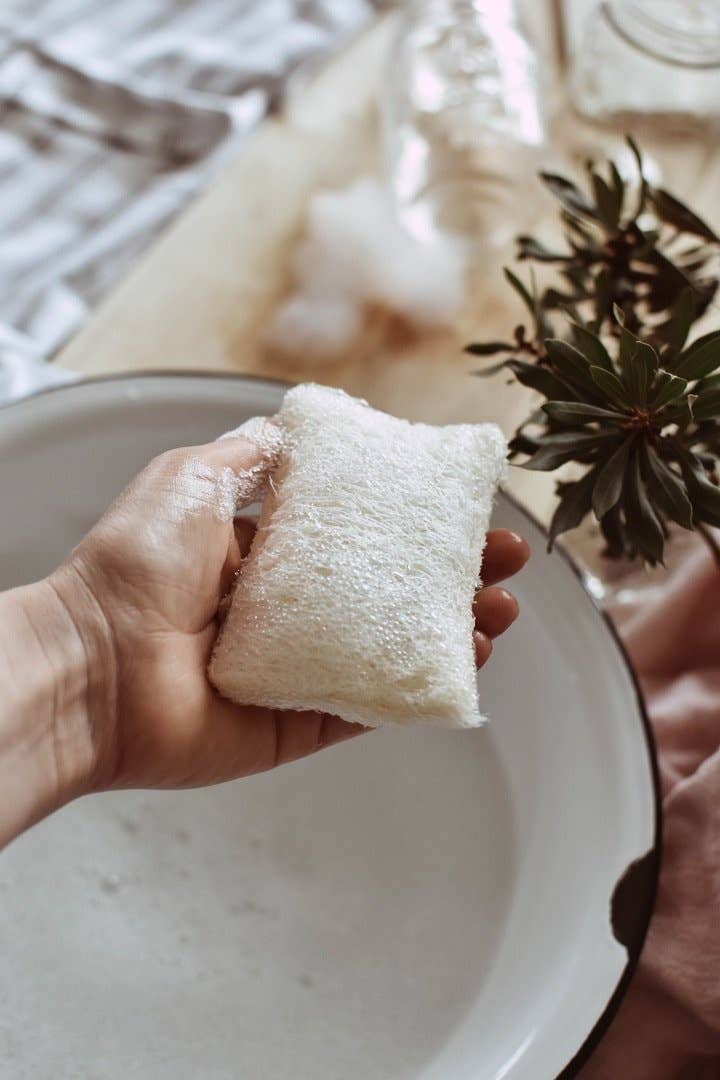 photo of hand over bowl with decor in background holding Kitchen Loofah Sponge