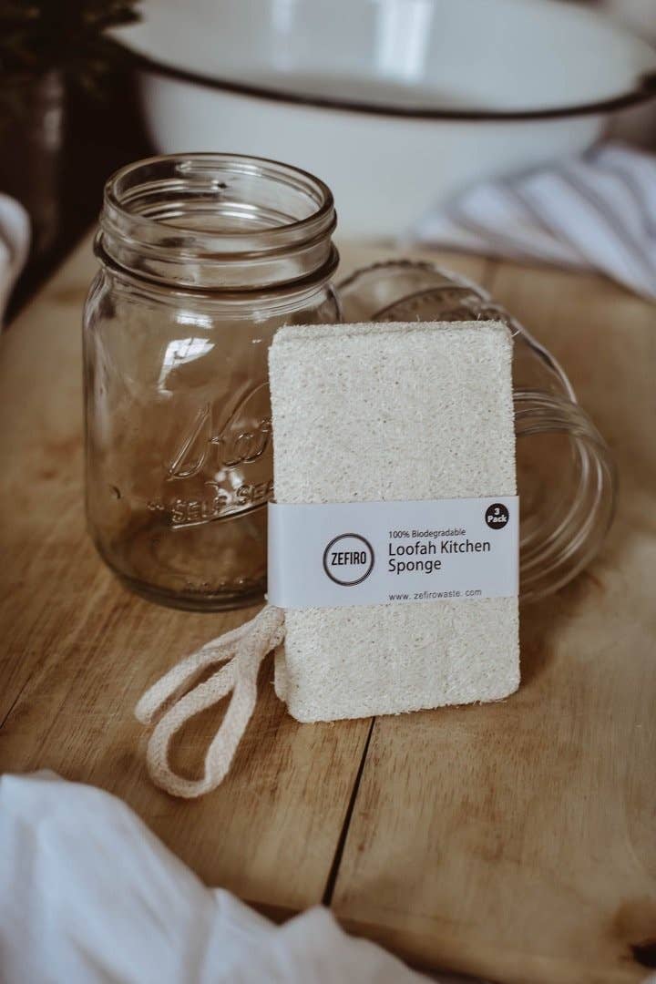 photo of hand over bowl with decor in background holding Kitchen Loofah Sponge 3