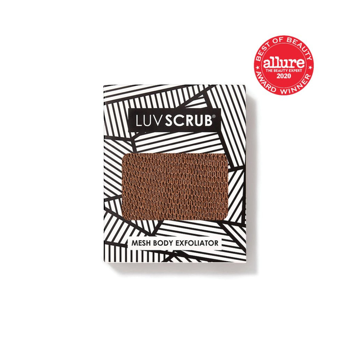 LUV SCRUB mesh body exfoliator packaging with Allure award badge on a white background