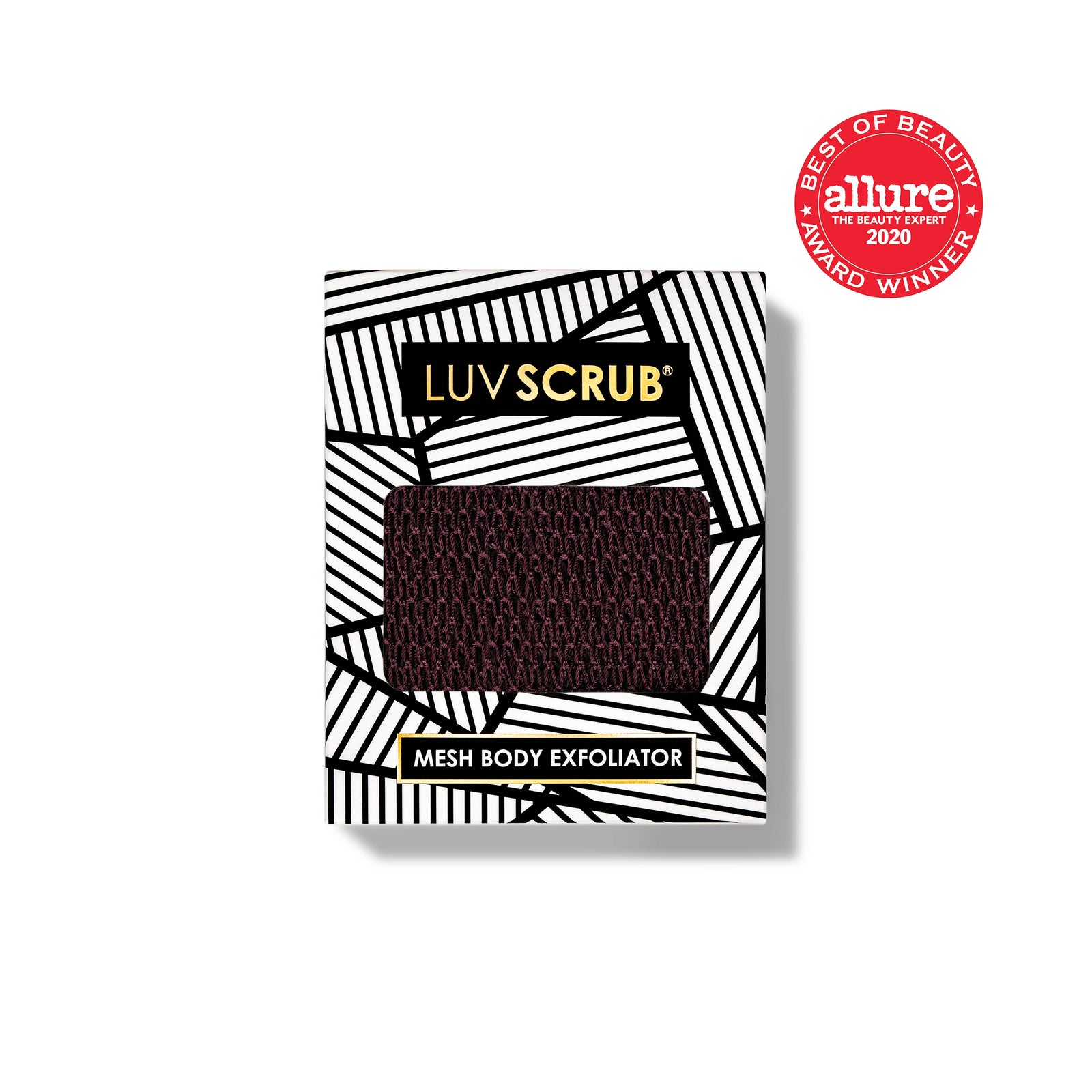 LUV SCRUB mesh body exfoliator packaging with Allure award badge on a white background