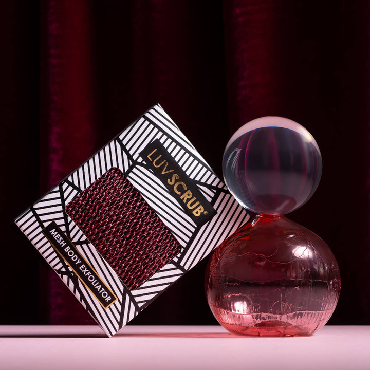 Product packaging with a red and black design on a dark background