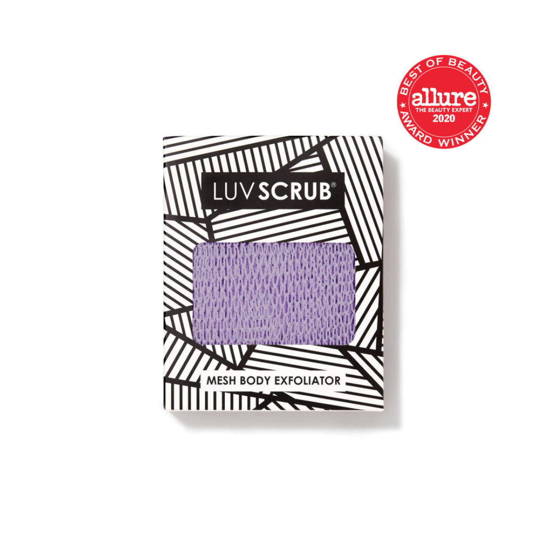 LUV SCRUB mesh body exfoliator packaging with Allure award badge on a white background