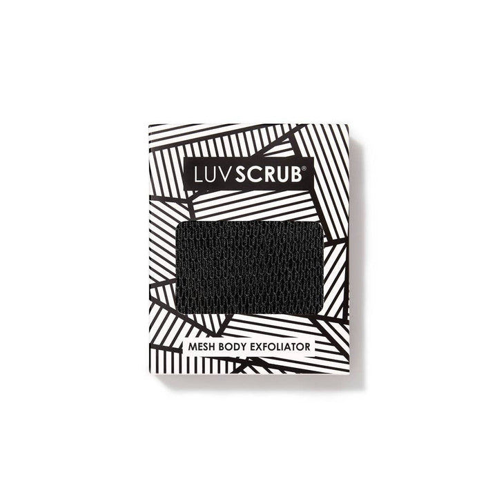 LUV SCRUB mesh body exfoliator packaging with geometric design on a white background