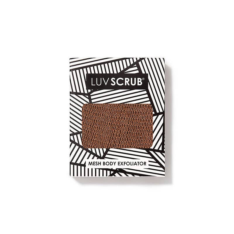 LUV SCRUB mesh body exfoliator packaging on a white background