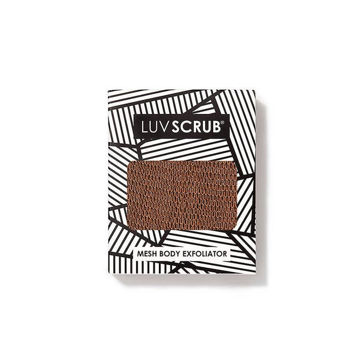 LUV SCRUB mesh body exfoliator packaging on a white background
