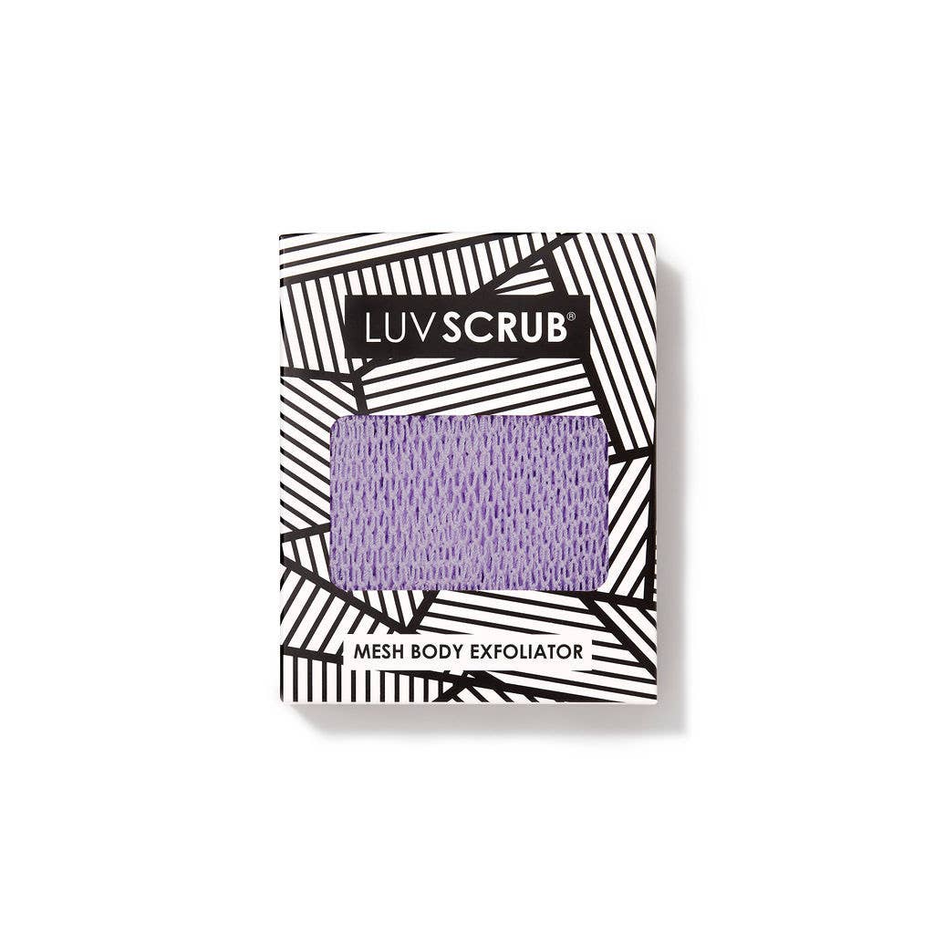 LUV SCRUB mesh body exfoliator packaging on a white background