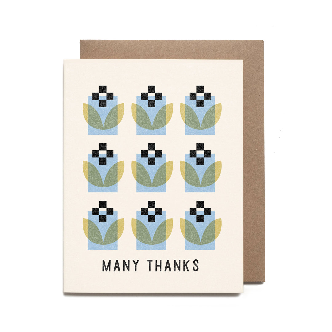 Greeting card with floral pattern and 'Many Thanks' text on a white background
