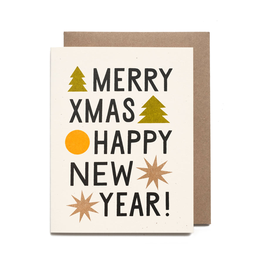Greeting card with 'Merry Xmas Happy New Year!' text and festive graphics on a white background.