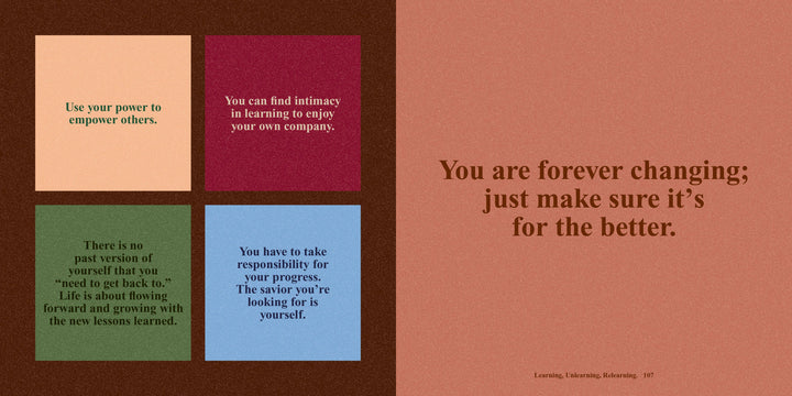 Motivational quotes on a brown background with colored square blocks.